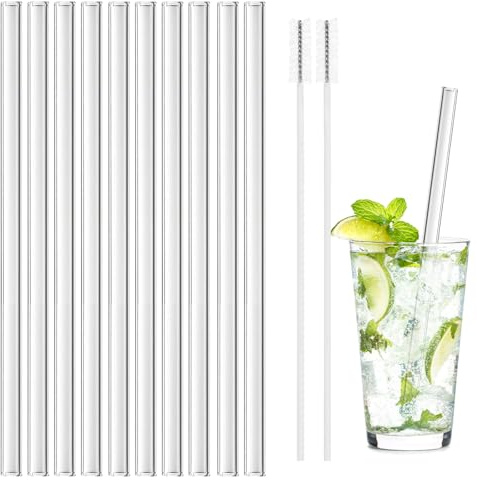 10 Pajitas de Vidrio, Pajitas de Cristal Rectas con 2 Cepillos de Limpieza | 20cm, Sin BPA, Reutilizable, Frío y Calor, Fácil de Limpiar, Rectas Pajitas para Preparar Cócteles y Zumos