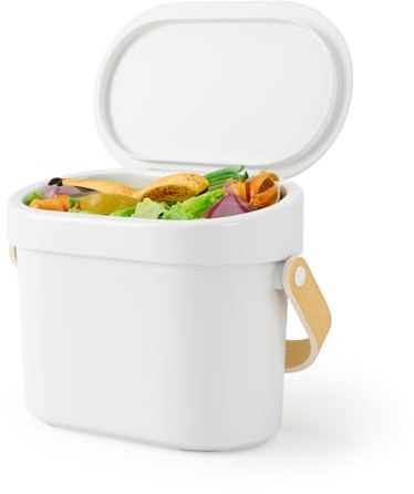 Umbra Bellwood Kitchen Compost Bin – White/Natural, Countertop or Cabinet Mounted, 6L Compost Container with Hidden Bag Retainer, BPA-Free & Dishwasher Safe| Bellwood Collection