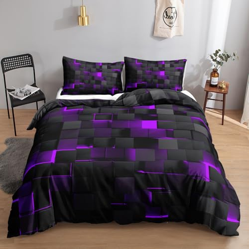 HOSIMA Technologie Würfel 3DMuster Bettwäsche,200 x 200 cm,Schwarz Lila,Bettwäsche-Set,1 Bettbezug,2 Kissenbezug,mit Reißverschluss,geeignet für Kinder,Jugendliche und Erwachsene