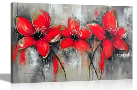 Artley Prints - Rustic Grey Abstract Red Flowers Canvas Prints Art for Living Room, Conservatory, Hallway Ready to Hang Wall Decor Extra Large 101 x 76cm (40 x 30 inches)