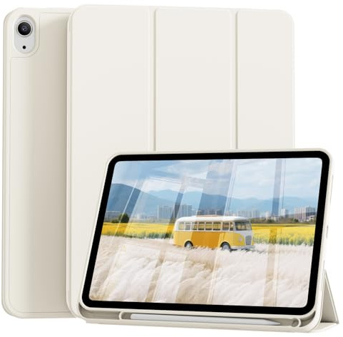 SQQSOOZ Étui pour iPad (A16) 11e/10e Génération (11/10.9 Pouces 2025/2022) | avec Porte-crayon, Coque Arrière en TPU Souple et Support Triple, Soutien Touch ID, Réveil/Sommeil Automatique, Blanc Crème