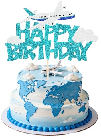 Vyqrx Flugzeug Deko Geburtstag - Happy Birthday Cake Topper, Glitzernder Tortendeko für Flugzeug-Thema, Jungen, Mädchen & Kindergeburtstage