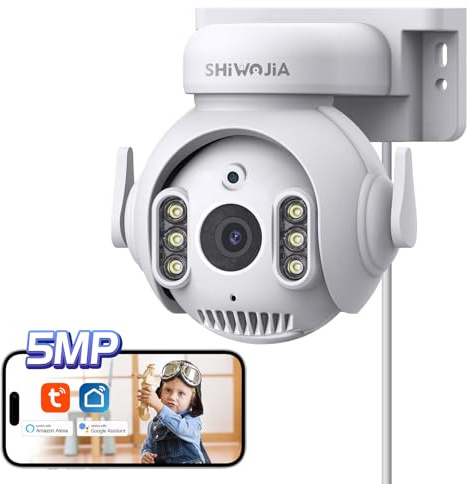 SHIWOJIA Überwachungskamera WLAN Aussen, 5MP 360° PTZ Smart Kamera WiFi mit 2-Wege-Audio, Automatische Nachverfolgung, Nachtsicht in Farbe,IP65 wetterfest