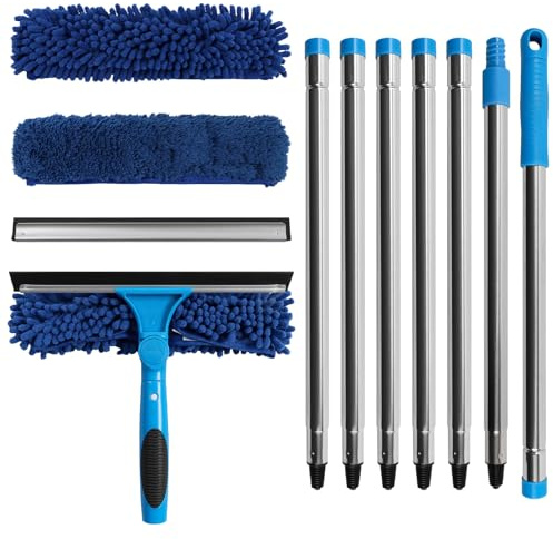 Terafeels 110.23in / 280cm Window Cleaning Equipment, 2 Pack Window Squeegees: 2 in 1 Double-Sided Professional Window Cleaning Kit with Extension Pole (Dark Blue)