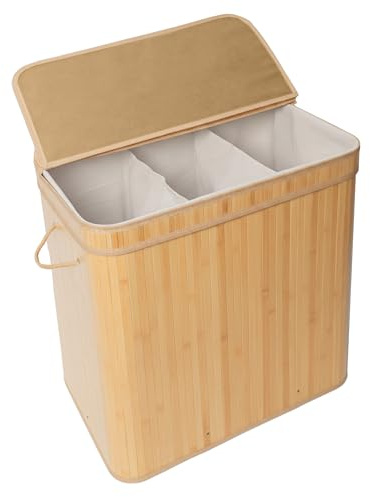 Relaxdays Wäschekorb mit Deckel, Bambus, 150 l, 3 Fächer, HxBxT: 61,5 x 61 x 41,5 cm, Badezimmer Wäschetruhe, Natur