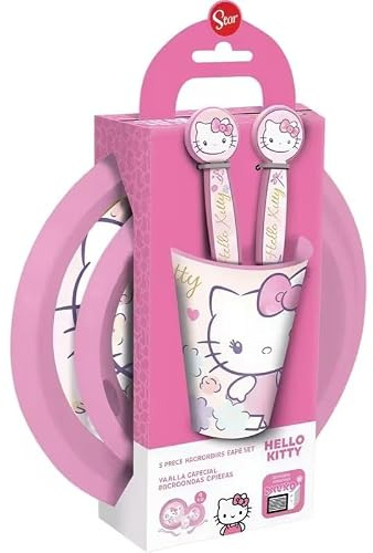 HELLO KITTY - Set stoviglie in plastica riutilizzabile 5 pezzi piatti bicchiere posate per bambini set pranzo