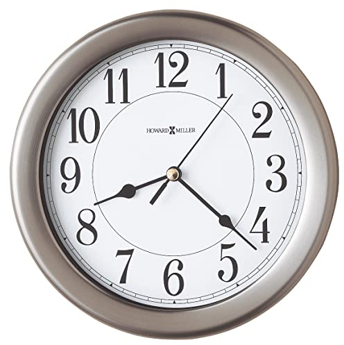 Howard Miller Aries Wall Clock – Round Analog, Brushed Nickel Metal Frame, Silent Quartz Movement, Battery Operated, Black Arabic Numerals