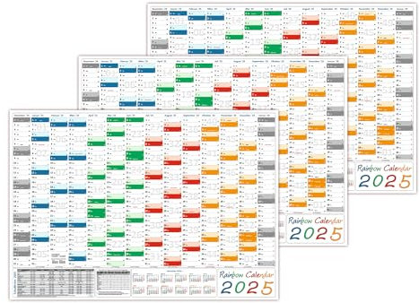 3 Stück Rainbow Wandkalender/Wandplaner 2025 (gerollt) DIN A1 Format (594 x 841 mm) 14 Monate, komplette Jahresvorschau Folgejahr und Ferientermine/Feiertage aller Bundesländer