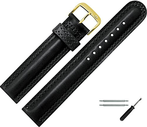 MARBURGER Uhrenarmband 18mm Leder Schwarz Gold Glatt Mit Naht - Montage Set 2951810000220
