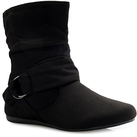 Olivia K Womens Low Heel Slouch Suede Slip On Casual Ankle Boots with Ring Buckle and Side Zipper