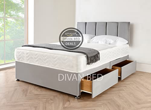 Divan Beds Deals - Grey Suede Divan Double Bed with 2 Storage Drawers | Double Bed Frame with Mattress Included Spring Memory Foam Mattress & 20” Vertical Line Headboard
