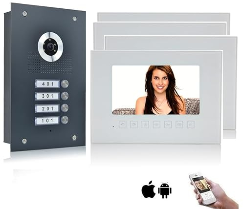 MATHFEL 2 Draht Bus 4 Familienhaus Türsprechanlage Gegensprechanlage Fischaugenkamera 170°, 4x7'' WLAN Monitore weiß, Außenstation Anthrazit