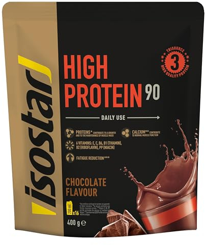 Isostar High Protein 90 Poudre pour Boisson Hyperprotéinée, Chocolat, 16 Boissons, 400 g