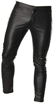 Fenical Herren Lederhosen Slim Fit dünne Lange Hosen Reißverschluss Hosen Kostüm Cosplay verkleiden Sich für Nachtclub Bühnenshow,schwarz L