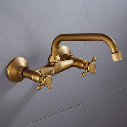 YHSGY Waschtischarmaturen Messing Antiken Wand-Doppel-Waschbecken Waschbecken Warm- Und Kaltwasserhahn Kann In Die Wand-Doppel-Loch-Küchenspüle Gedreht Werden