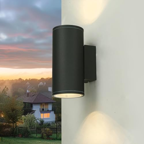 Licht-Erlebnisse XL Wand Außenleuchte up&down Aluguss anthrazit IP54 wetterfest H:19cm GU10 Garten Terrasse Hauswand Strahler Wandlampe Wandleuchte Außenlampe