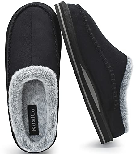 KuaiLu Pantofole per arco plantare da uomo Comodo Interno Cuciture fatte a mano microsuede Scivolare su Scarpe da casa Pelliccia sintetica calda Gomma Nero Taglia 45