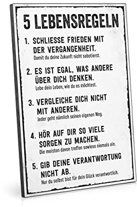 ARTFAVES® Holzbild mit Spruch - 5 Lebensregeln | modernes Holzschild schwarz-Weiss zur Dekoration oder als Geschenk zum Thema Motivation/Spiritualität/Persönlichkeitsentwicklung