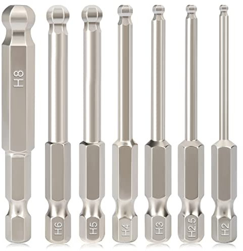 Hakkin 7PCS Ball End Hex Screwdriver Bits Set S2 Steel Magnetic Allen Key Set 65mm Length 1/4 Hex Shank Allen Wrench Screwdriver Bits for Furniture Assembly - Metric H2-H8