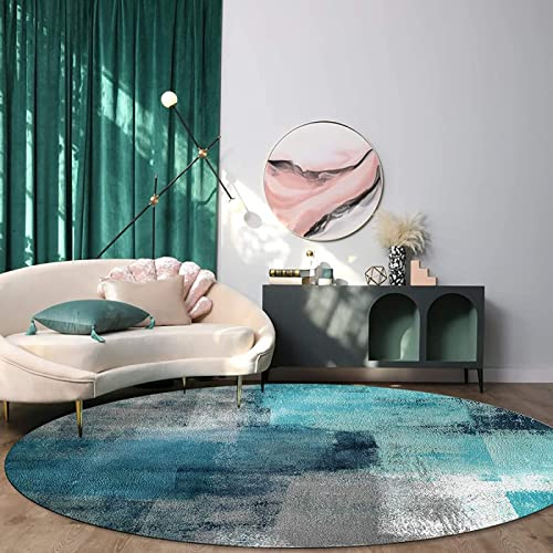 SRTJURFG Modern Designer Runden Groß Teppiche Türkis und graue abstrakte Kunstmalerei für Wohnzimmer Kinderteppiche Flauschige Runden Groß Schutzmatten ø 140CM