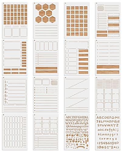 MWOOT 16 Stück Tagebuch Schablonen Journal Stencils Kit, Wiederverwendbares DIY Planer Malerei Vorlage Zubehör, Schablone zum Malen an Scrapbooking Checkliste Wand Dekoration (14.8x21CM)