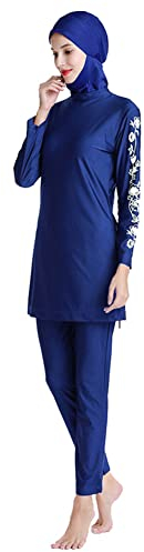 IBTOM CASTLE Damen Muslimische Badeanzug Frauen Burkini Badebekleidung LangarmBescheidenes Schwimmhemd Hose Badekappe Vollständige Abdeckung Islamischer Hijab Arabische Badeanzüge Navy blau+Blumen L