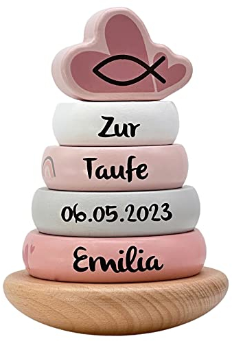 Personalisierte Geschenke zur Taufe I außergewöhnliche Taufgeschenke für Jungen und Mädchen I Stapelturm rosa als Taufgeschenk mit Name I niedliche Tauf Dekoration aus Holz
