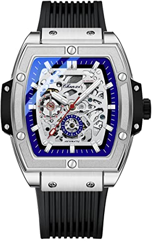 FANMIS Herren Luxus Skelett Automatische Mechanische Armbanduhren Hohl Design Wasserdicht Leuchtende Uhr Selbstaufzug Business Kleid Uhr mit Silikonband, silber, Mechanisch, selbstaufziehend