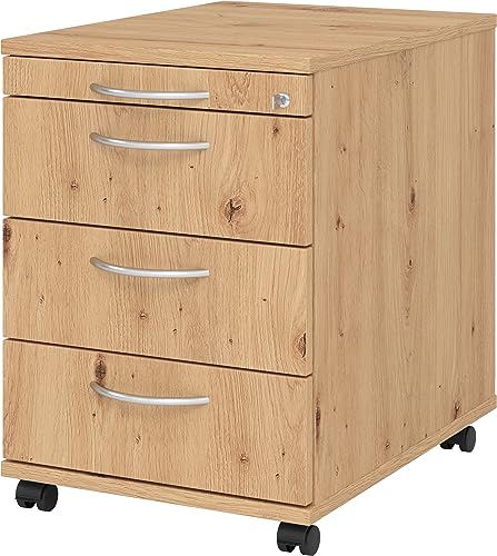 bümö Rollcontainer mit Schubladen, Container abschließbar aus Holz in Asteiche - Rollwagen für's Büro als Schreibtisch Unterschrank, Bürocontainer od. Schreibtischcontainer mit Bogengriffe