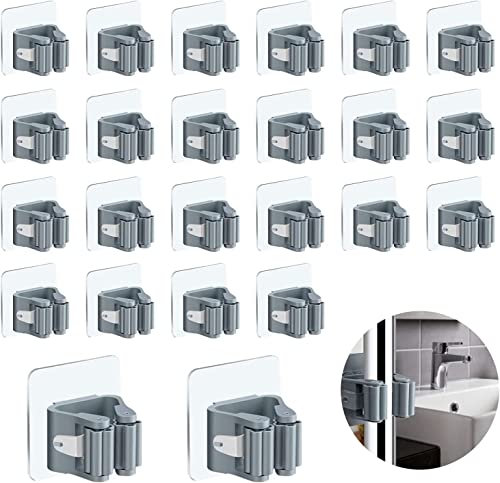 3-H Brush Holder Wall Mounted 24 Pack,Mop Holder Wall Mounted Self Adhesive,Broom Holder for Kitchen Bathroom Closet Garden Garage(Grey)