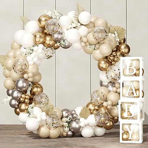 Babyparty Deko Junge oder Mädchen, Luftballon Girlande Sand Weiß Gold mit Baby Box, Baby Shower Deko Box, Ballon Girlande Weiß Gold für Baby Party Dekoration, 1. Geburtstag Deko, Baby Shower