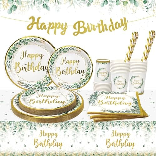 Heboland Set Vaisselle Anniversaire Verte pour 25 Invités, 125pcs Vaisselle de Fête Assiette Anniversaire Vert Sauge, Serviette, Pailles, Tasse pour Decoration Garçons Filles Femmes Fête