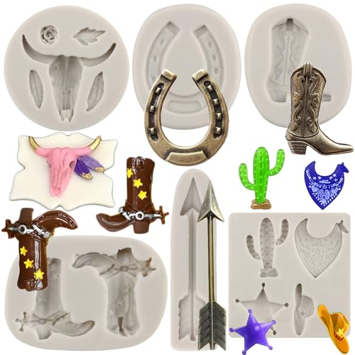 MYPRACS Bull Head Silicone Moulds Feather Arrow Cowboy Boots Horseshoe Hoof Fondant Mould Chocolate Cactus Star Shoe Mould for Candy Cake Decorating Cupcake Topper Gum Paste Polymer Clay Set of 6