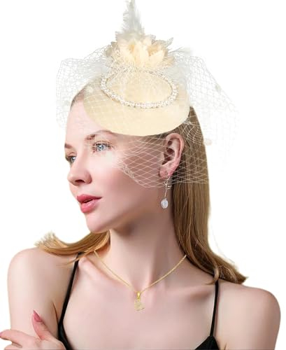 Focupaja Fascinator Hüte Damen Pillbox Hut mit Mesh Schleier Federn Derby Stirnband Hochzeit Kopfbedeckung Tea Party Haarspange 1950er Vintage Fascinator W4-27-Beige