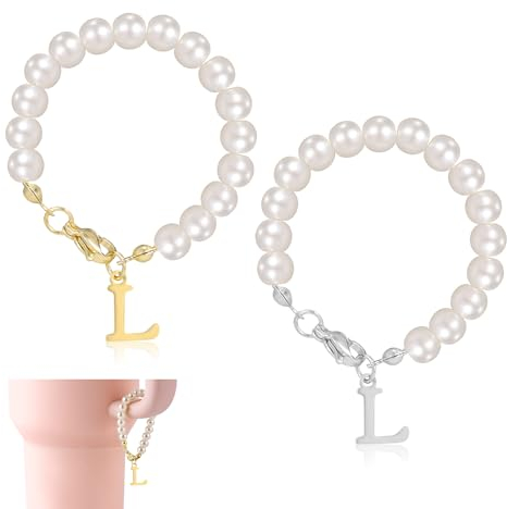 2pcs Letter Charms for Stanley Cup, Alphabet Pendant Tumbler Pearl Handle Charms Chain Personalized Name ID Initial Letter Decorations for Stanley Tumbler Accessories(Letter L)