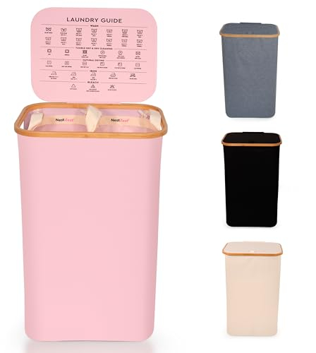 Nest Zest 100L Double Laundry Basket with Lid, 2 Compartments to Sort Washing, Hamper Laundry Bin with Care Guide & 2 Removable Inner Bags, Dirty Clothes Basket with Bamboo Rim Oxford Fabric (Pink)