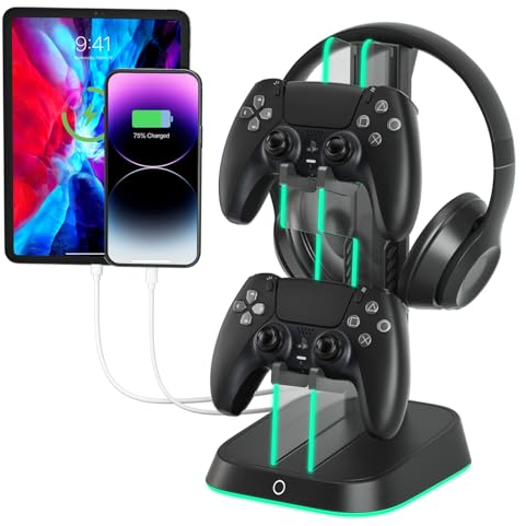 XIONZIJA Gaming-Kopfhörer-Ständer und Headset-Halter für den Schreibtisch, mit 2 USB-Ladeanschlüssen, Kopfhörer-Aufhänger, Zubehör für Desktop-Gamer