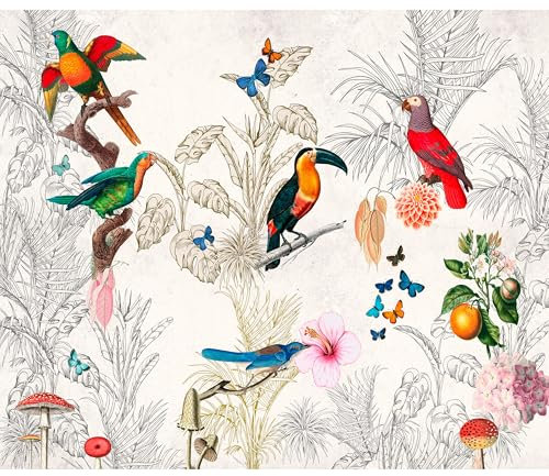 murando Fototapete Premium-Vlies Tropical Deko 100x70cm Vlies Tapeten Wandtapete XXL Wanddeko Design Wand Dekoration Schlafzimmer Büro Vintage Papagei Dschungel Palmenblätter Helle b-C-10377-a-b
