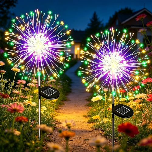 Dekofun Solarlampen für Außen, 2 Stück 150 LED Feuerwerk Solarleuchten, 8 Modi Pusteblume Solarlampen, Wetterfest Solar Gartenleuchten für Garten Balkon Weg Rasen Terrasse Deko (Mehrfarbig)