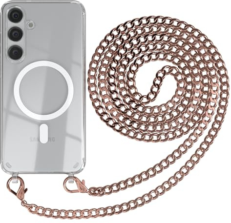 EAZY CASE - Handykette kompatibel mit Samsung Galaxy S24 Plus Kette zum Umhängen Stoßfest Handyhülle für Galaxy S24 Plus Silikon Hülle mit Band aus Metall Handytasche Transparent in Rosé-Gold