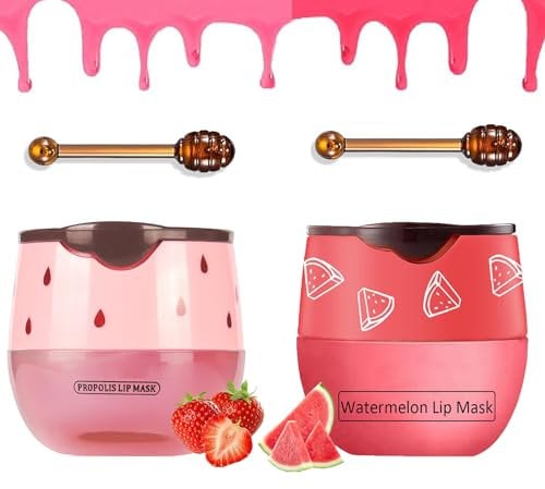 2Pcs Bee Balm Lip Balm Honey Pot,Watermelon & Strawberry Lip Mask,Propolis Moisturizing Lip Sleeping Mask Reduces Lip Lines,Hydrating Prevention Dry and Cracked Lip Scrubs Exfoliator Honeybalm