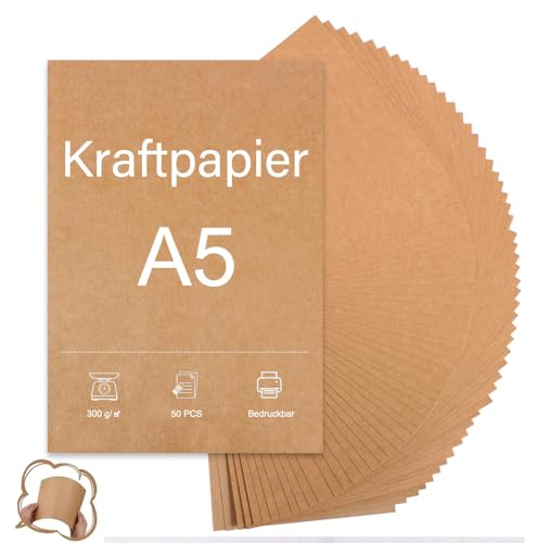 50 Blatt Papier Braun Kraftpapier A5-300g A5 Papier, Dickes Papier A5 zum Drucken, Menükarten Kraftkarton zum Bemalen, Bedrucken, Basteln & Vintage Style Hochzeitsgeschenke