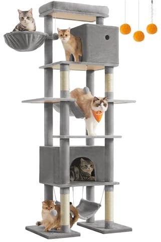 Feandrea Árbol Grande para Gatos, Rascador Multinivel para Gatos XXL, 201 cm de Altura, con una Plataforma, una Cesta, 2 Casas para Gatos, 2 hamacas, Gris Claro PCT195G01