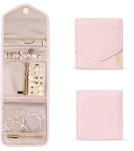 bagsmart Travel Jewellery Organiser Roll Foldable Jewelry Case for Journey-Rings, Necklaces, Bracelets, Earrings,Small-Light Pink