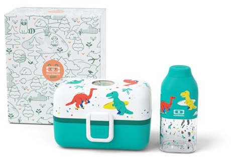 Monbento - Geschenkset für Kinder: Tresor Lunchbox (800 ml) und Mini-Trinkflasche (330 ml), Blau, Dino-Motiv - Personalisierbar, Positive S - Perfekte Geschenkidee