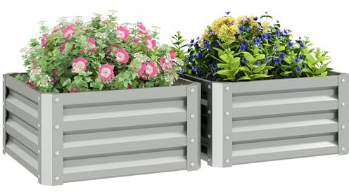Outsunny Set di 2 aiuole rialzate da giardino con telaio in acciaio zincato, per coltivare ortaggi, fiori ed erbe, 60 x 60 x 30,5 cm, grigio chiaro