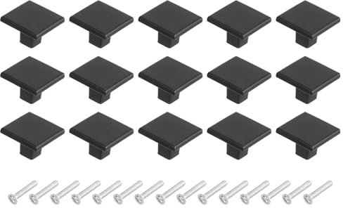 sourcing map Lot de 15 boutons d'armoire carrés de 3,1 cm en alliage d'aluminium solide pour armoires de cuisine, chambre à coucher, commode, armoire, noir