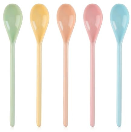 FULHANY Lot De 5 CuillèRes à Long Manche,CuillèRe à Café Couleur,Longues CuillèRes à œUfs,Cuillere Plastique Reutilisable Applicable à CuillèRe à Dessert Longue Pour Thé, Yaourt, Glaces, Cocktails