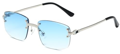 Ggpyyon Retro Rimless Rectangle Sunglasses for Women Men Trendy Gold Metal Frameless Square Sun Glasses Eyewear(Silver/Gradient BLue)