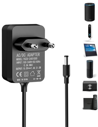 Sanicata Cargador Compatible para Alexa 21W Echo 1.ªGen, Echo 2.ªGen, Echo Show 1.ªGen, Echo Plus 1.ªGen, Echo Look, Echo Link, Fire TV 2.ªGen. 15V/1.4A Adaptador Alimentación Charger